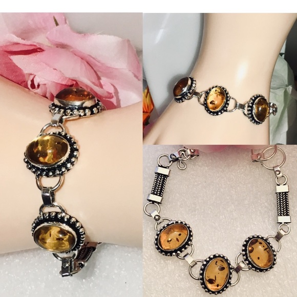 Amber Gemstone Vintage Handmade Stamped Bracelet - Picture 7 of 7